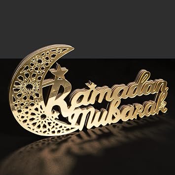 Wooden Acrylic Ramadan Mubarak Sign, Gold Ramadan Decorations For Home 2026, Eid Kareem Crescent Wood Moon Stand Table Centerpiece Office Desk Mosque Decor, Islamic Muslim Gifts