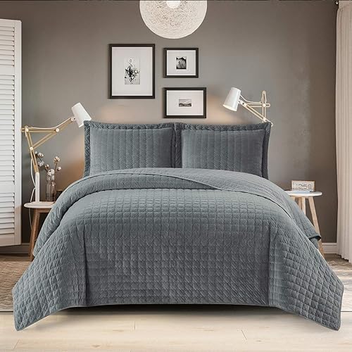 Miniatura 1 de Royal Hotel Bedding Edredón de terciopelo de felpa tamaño Queen, terciopelo gris de 92 x 96 pulgadas, juego de 3 piezas, edredón de lujo 100%