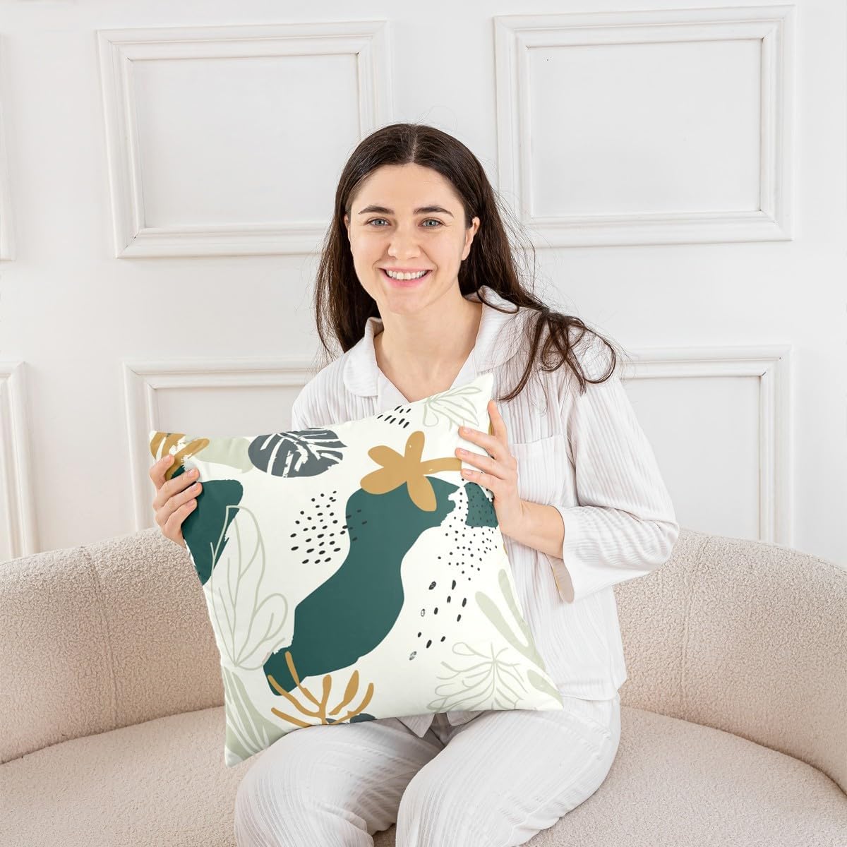 Manfei Palm Leaf Abstract Kids Throw Pillow Cover,Geometric Dots Line Patchwork Double Sides Pillow Case,Tropical Plant Boho Exotic Home Decor,Baby Green Bed Couch Sofa Cushion Cover,2 Pack 16"x16" image 4