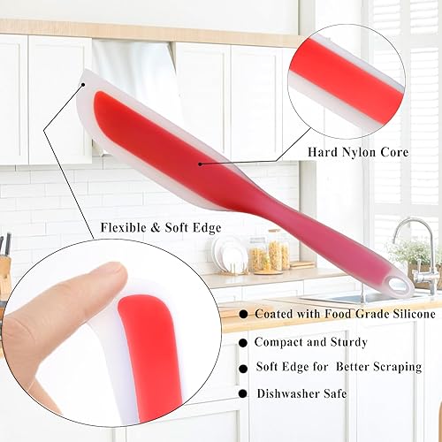 Miniatura 3 de Cuchillo de silicona antiadherente en forma de espátula de cocina flexible con espátula de espátula, utensilios de cocina con núcleo de nailon (rojo)