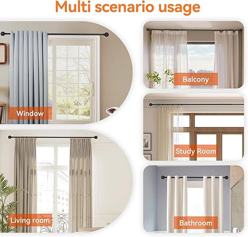 Miniatura 6 de Barras de cortina negras para ventanas de 28 a 48 pulgadas, 58" de diámetro, barra de cortina metálica resistente ajustable pequeña con soporte