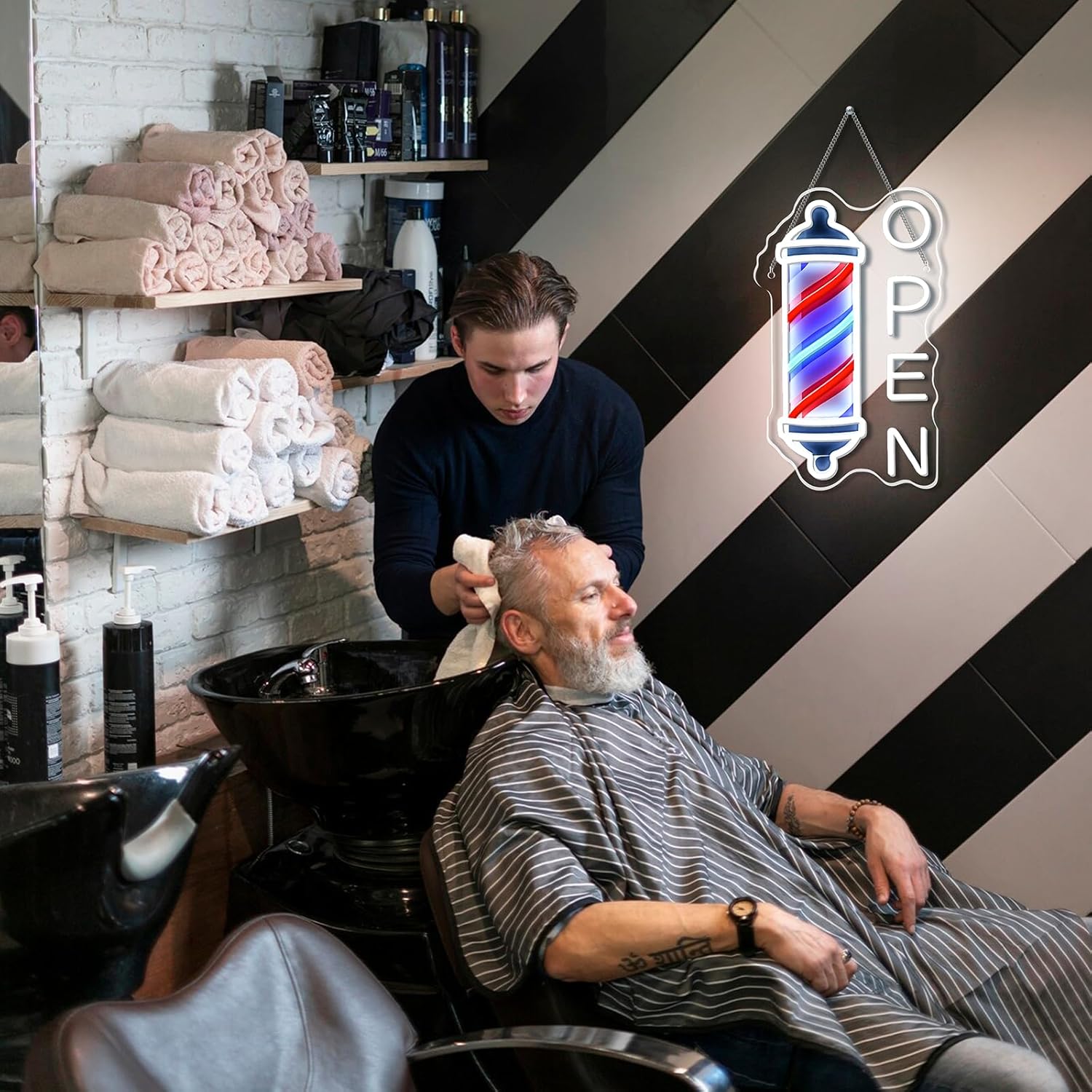 Open Neon Sign Barbershop Wall Decor Pole Light for Barber Pole Logo Barber Shop Accessories Hair Salon Supplies, USB Power Blue Red White