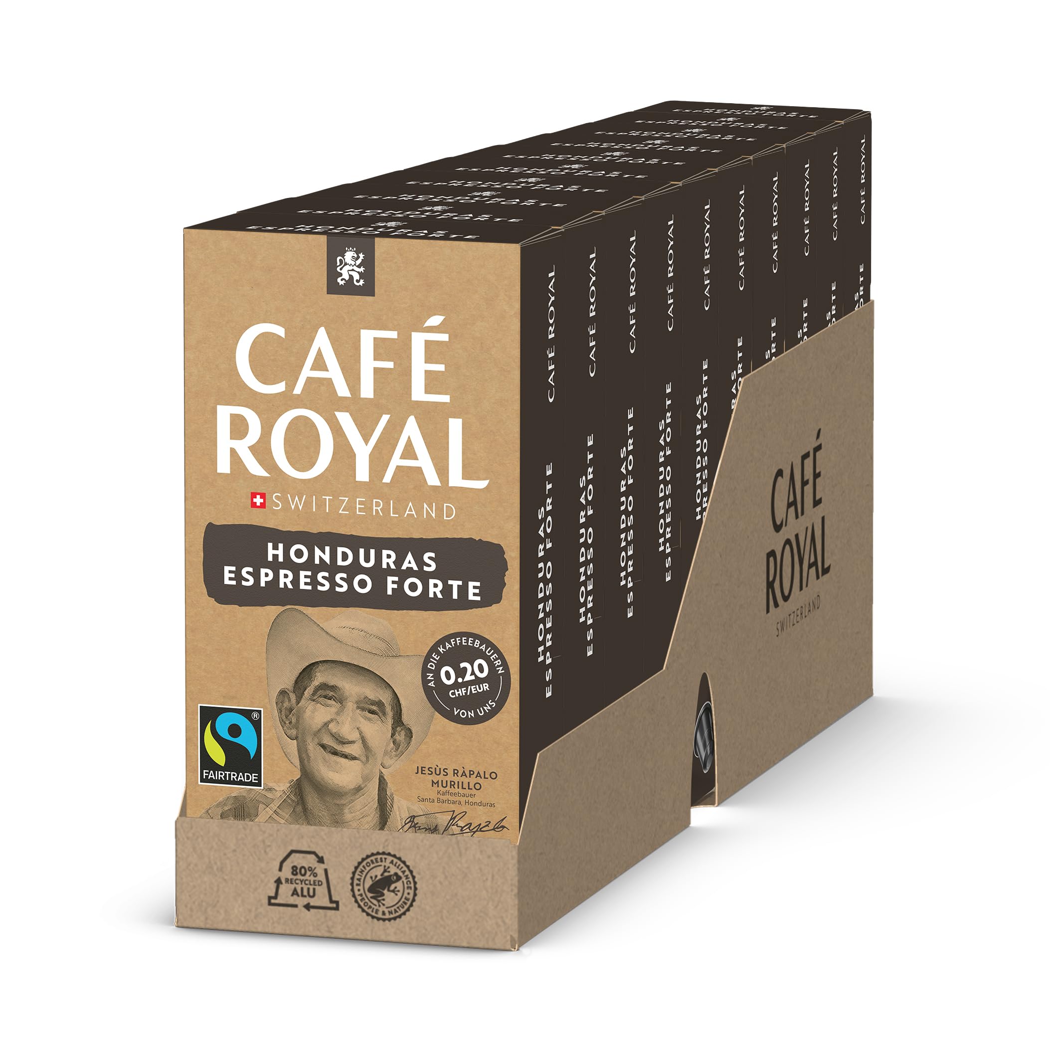 Café Royal, Honduras Espresso Forte, 100 cápsulas compatibles con Fairtrade Nespresso (R), 80% aluminio reciclado, certificado Fairtrade, 100% café arábica, intensidad 9