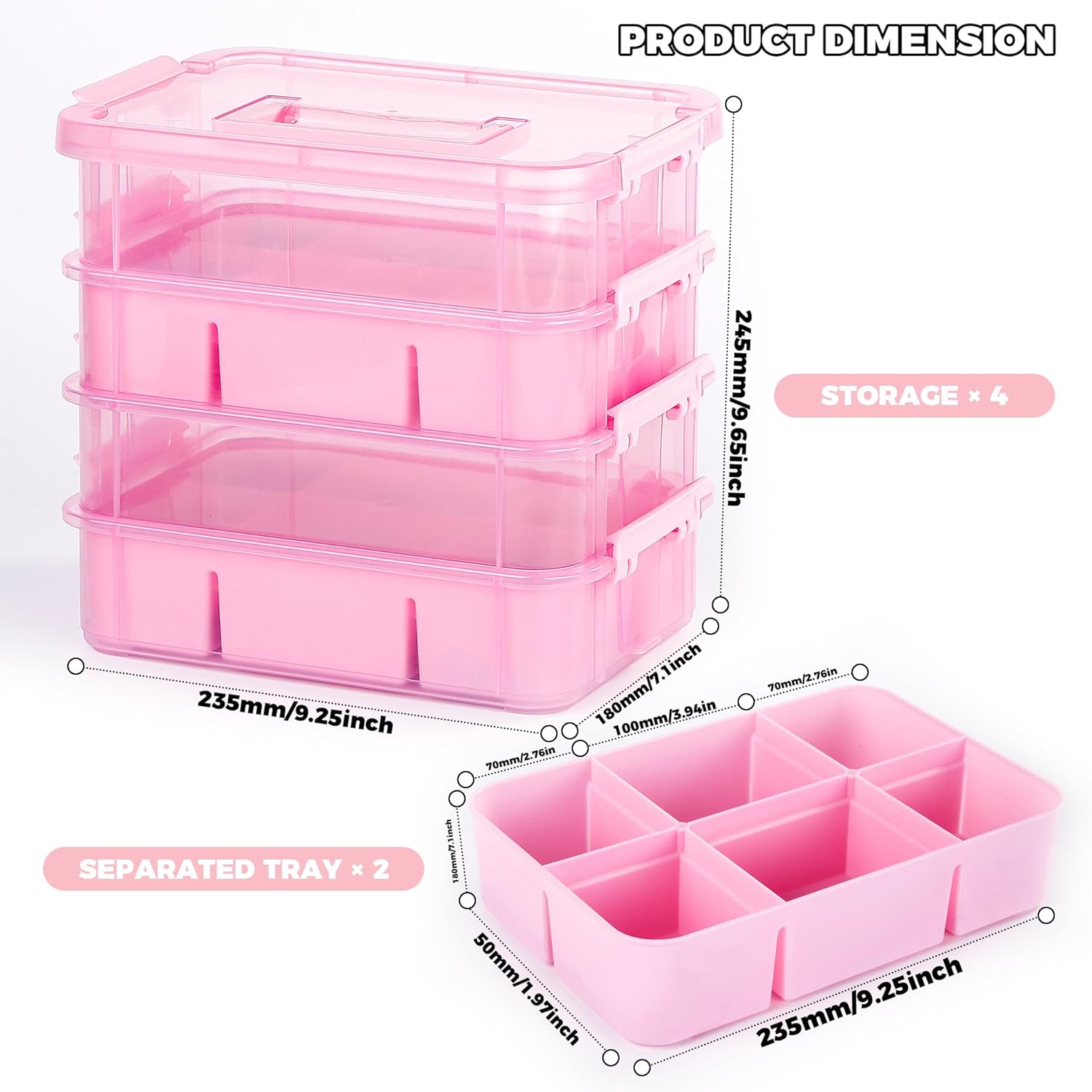 Art Supply Storage Organizer with 2 Removable Trays, 4-Layer 11QT Durable Craft Organizers and Storage for Sewing, Tool, Office Supplies, Art, Craft Supplies(Pink) image 3 of 9 B0DRCSTHMH
