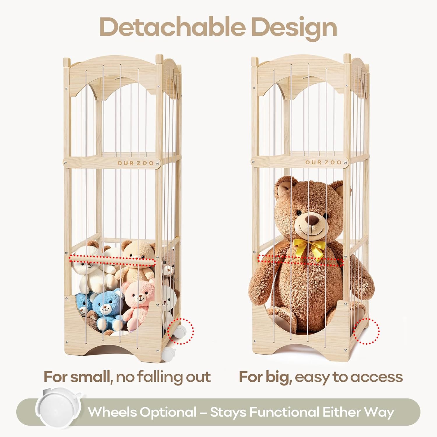 Fodoss Stuffed Animal Storage, Wooden Toy Storage Organizer with Arched Base, Detachable Bars & Lockable Wheels, 16.5" D x 16.5" W x 51.6" H - Image 4