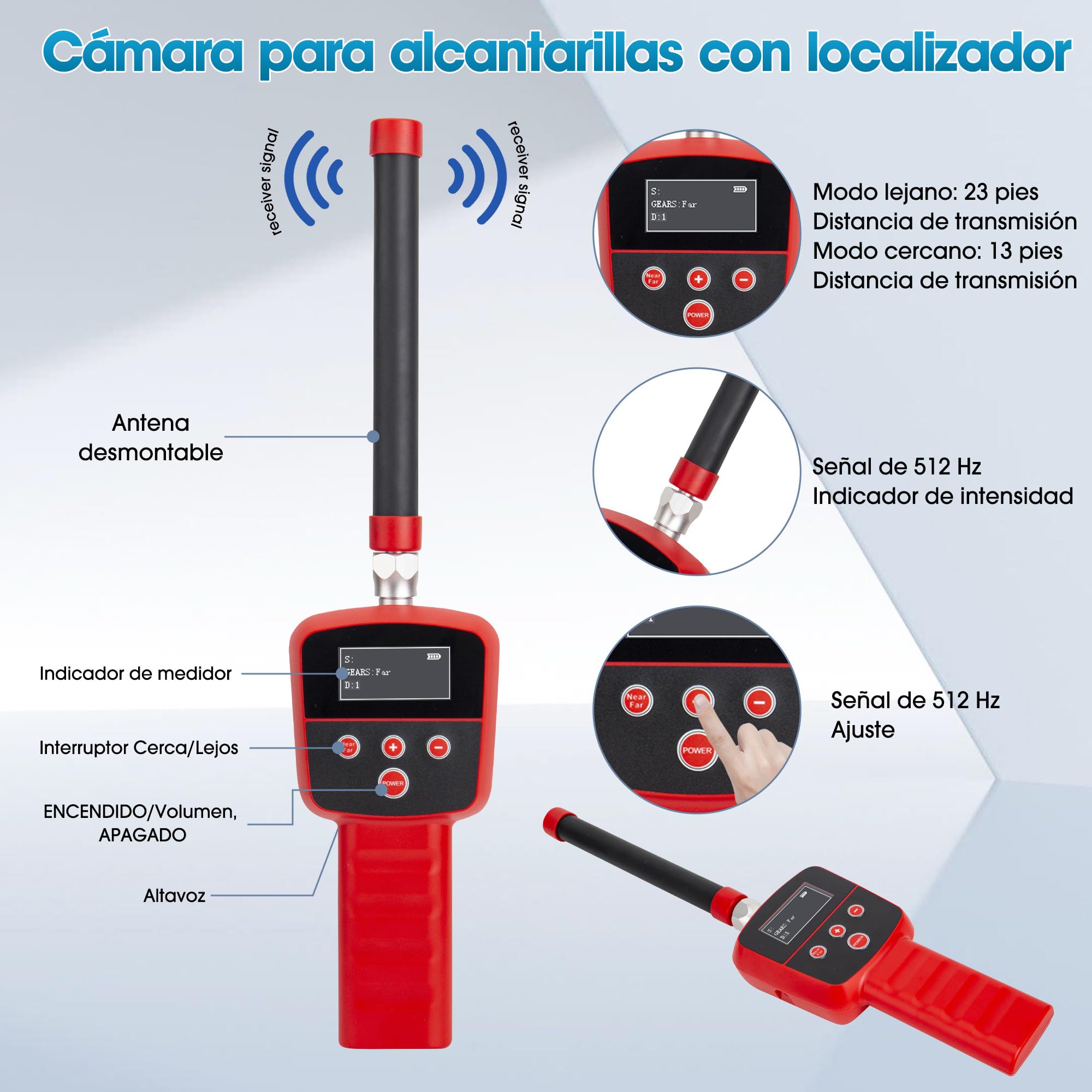 Cámara de Inspección de Alcantarillado Autonivelante 30M con Localizador 512Hz, Pantalla Táctil de 9 Pulgadas 1080P, Contador Automático, Tarjeta de 32GB y 12 Luces LED para Tuberías de Desagüe