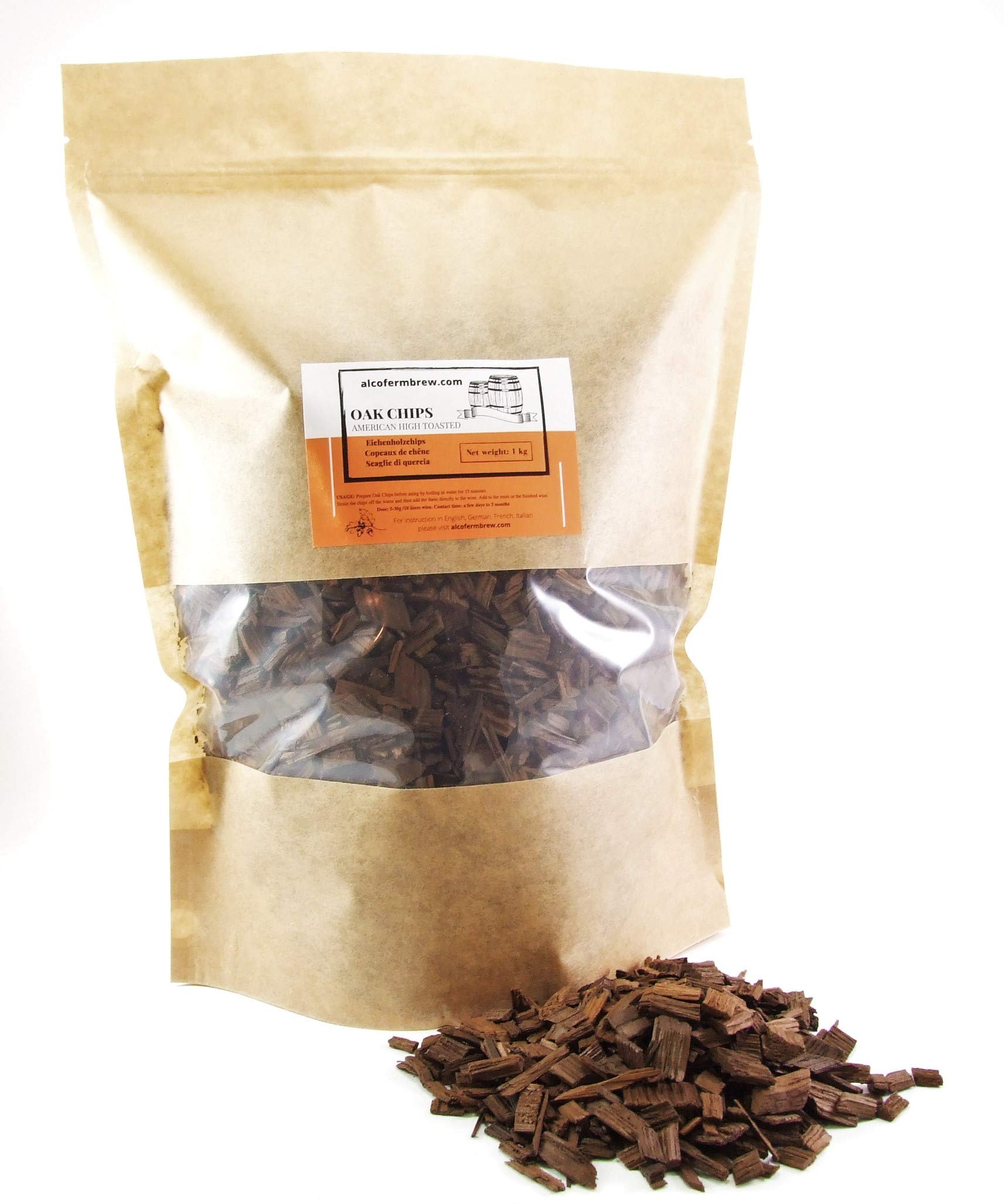AlcoFermBrew Eichenholzchips Amerikanisch (Hight Toasted) 1kg - Amerikanische Eichenholzchips | Eichenholzspäne | Räucherholz | Eichenholz Chips | Holzspäne | Holzfässer