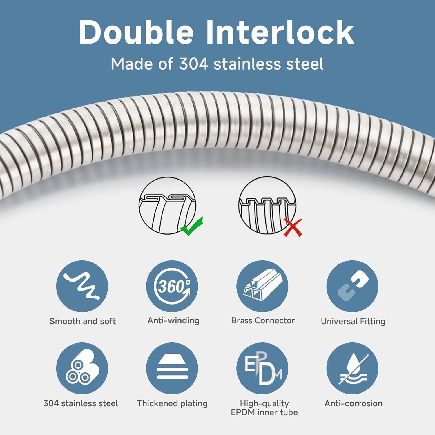 Brushed Nickel Shower Hose Extra Long 304 Stainless Steel Handheld Showerhead Hose, Anti Winding Interface, With Brass Insert And Nut - durable Rv Shower Hoses Replacement(Brushed Nickel, 59 Inches)