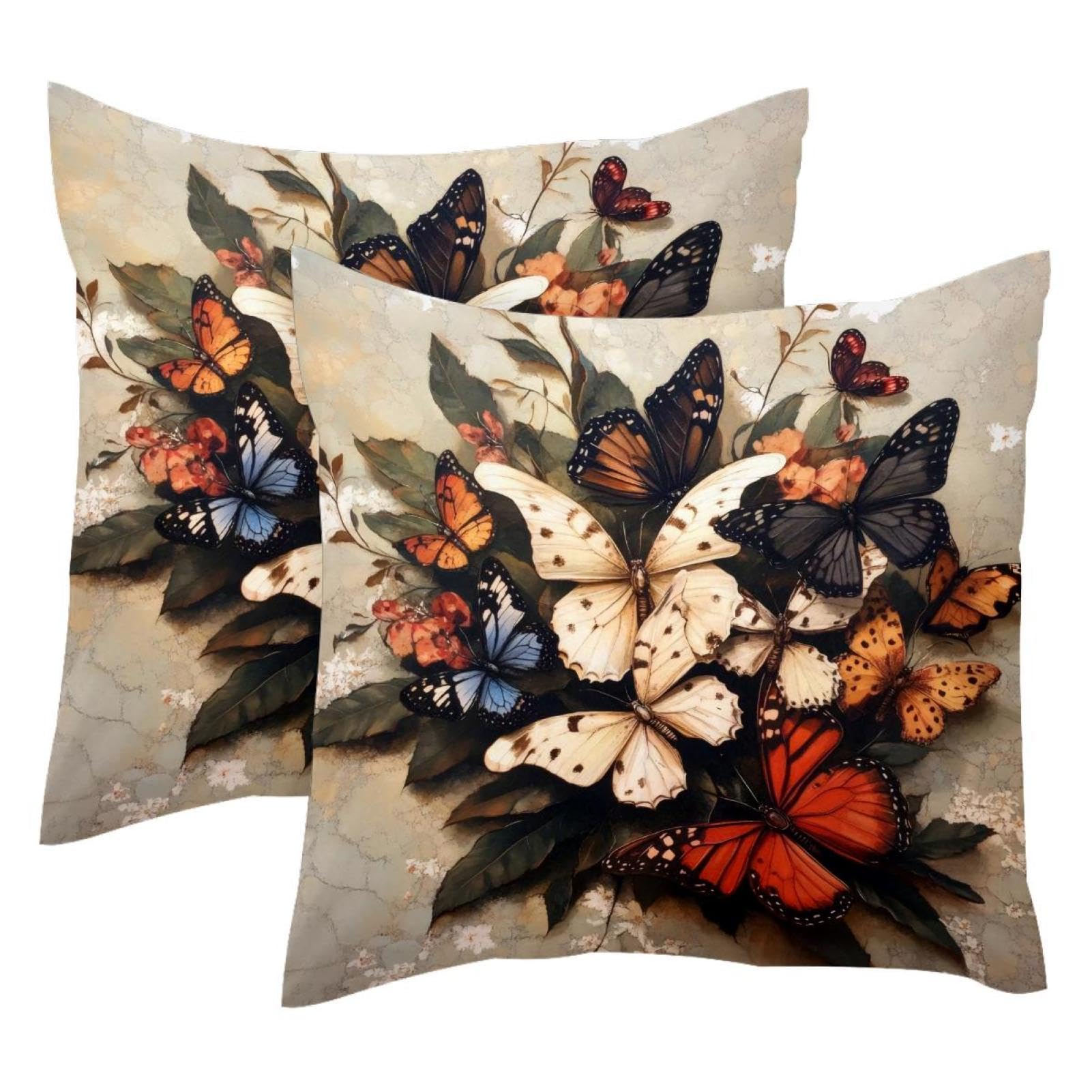 Housses de coussin velours 50x50 cm lot de 2 motif papillon sur feuille