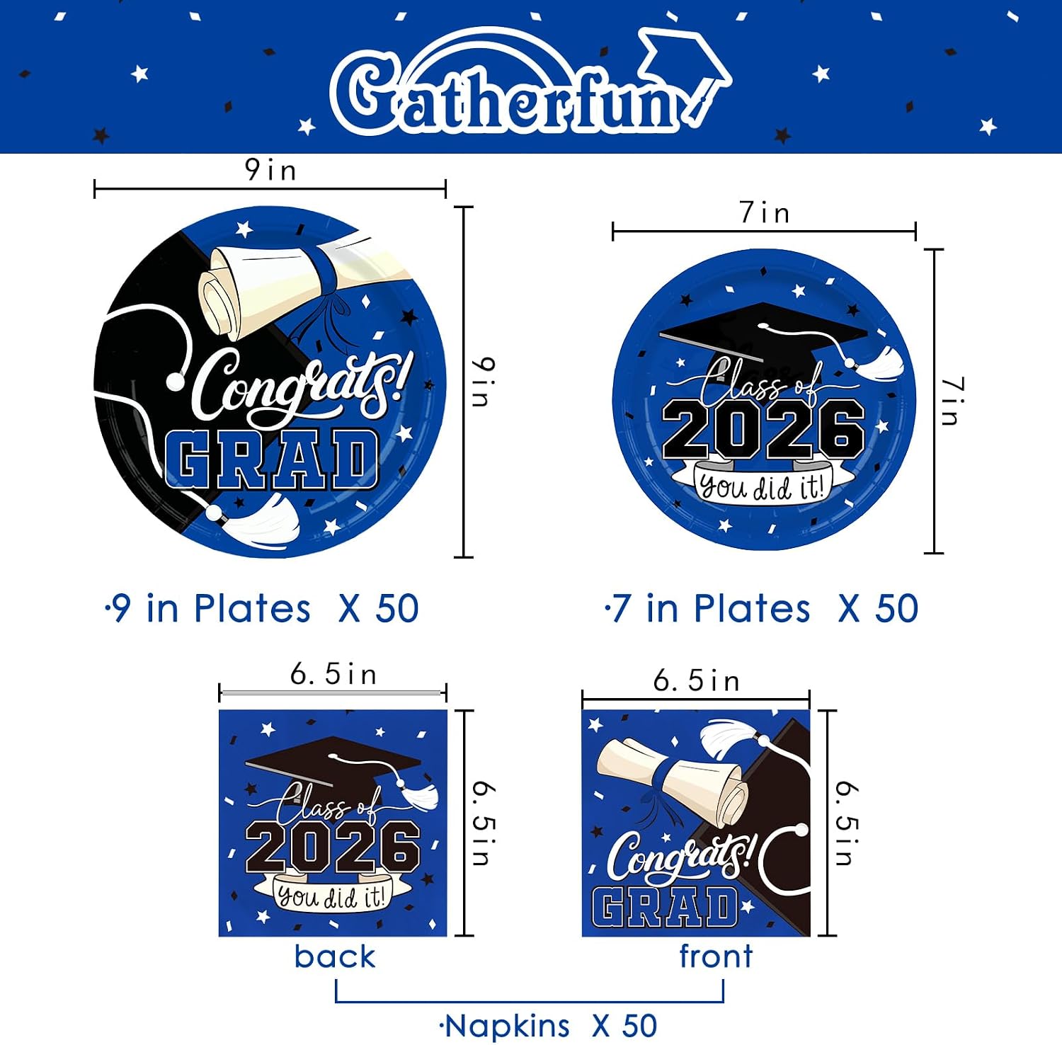 Gatherfun Graduation decorations 2026 Blue Graduation Party Plates and Napkins Disposable Paper Plates Luncheon Napkins for Congrats Grad Party Decorations, Serve 50