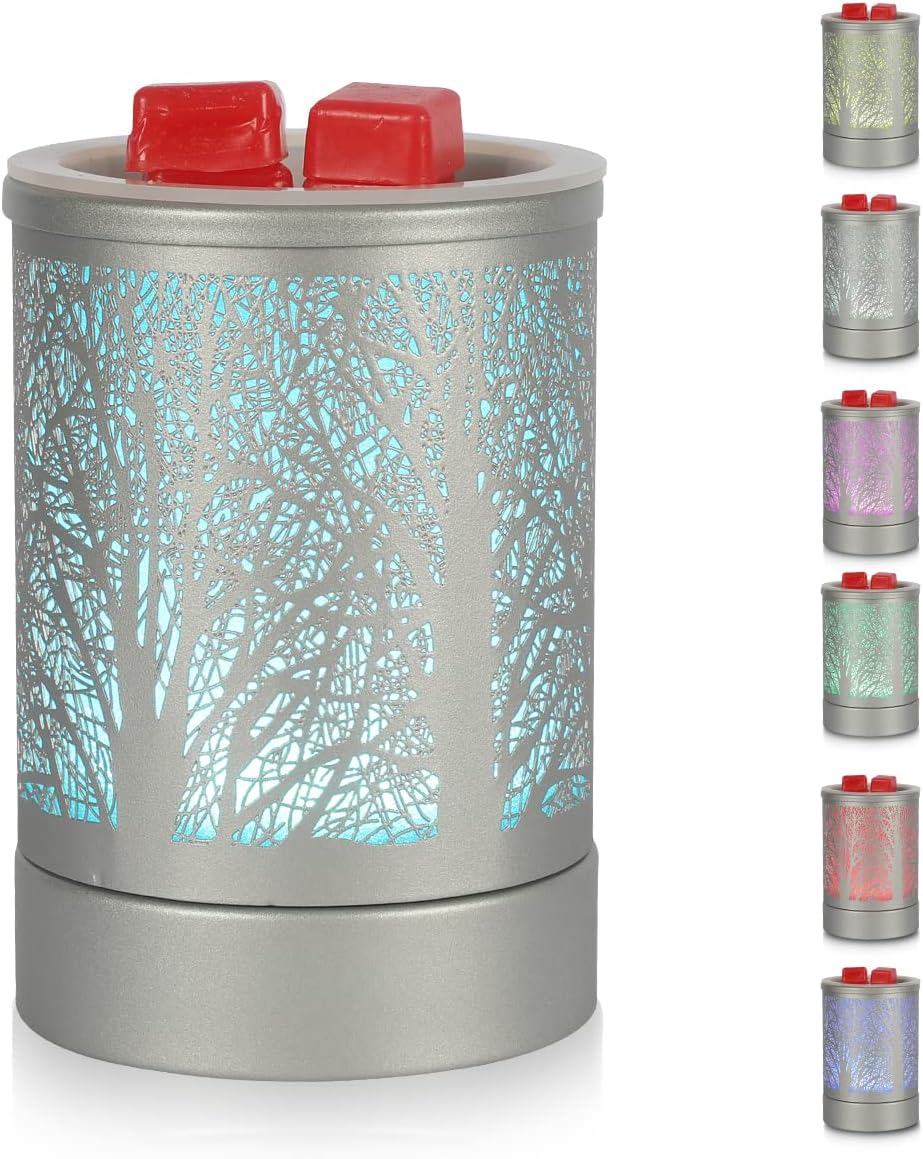Enaroma Matte Silver Electric Wax Melt Warmer with Metal Tree Candle Warmer Oil Lamp with 7 Colors LED Light Replacement Silicone Liner for Home Decoration Gift