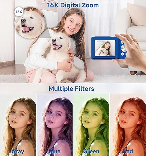 Miniatura 3 de Cámara digital, 44MP FHD 1080P apuntar y disparar cámara digital con zoom de 16X, pequeña cámara compacta con detección facial, tarjeta SD de 32 GB,