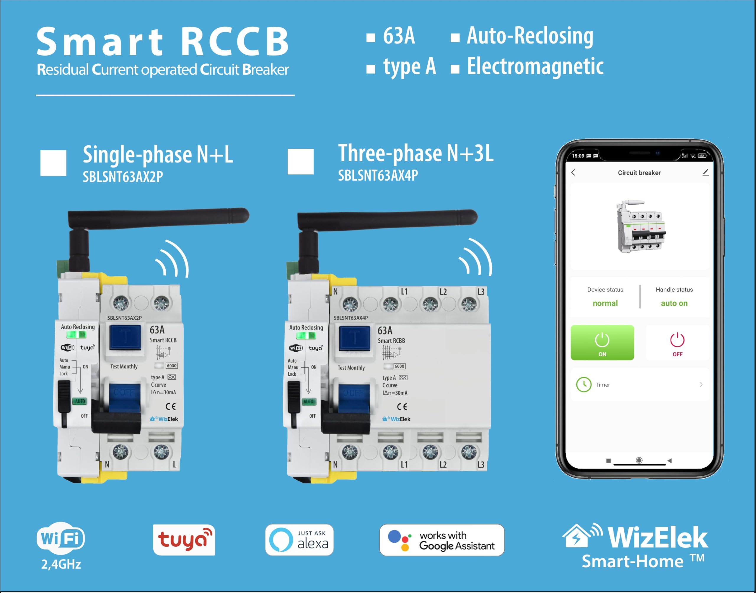 Smart-Home Salvavita Wi-Fi Tuya con Riarmo Automatico 4P Trifase 63A 30mA Tipo A&AC – Controllo Remoto – 5 Moduli DIN – RCCB EN 61008-1
