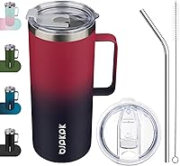 Vista 18 de BJPKPK Taza de café aislada con 2 tapas, vaso aislado de acero inoxidable de 25 onzas con asa, tazas de café de doble pared con aislamiento al