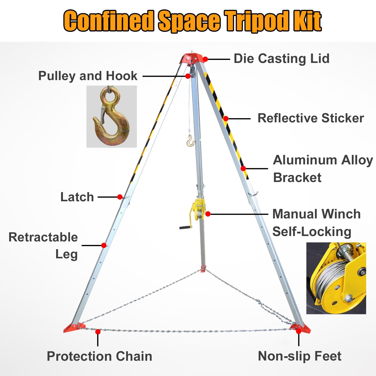 Aluminum Confined Space Tripod Kit, 20m Steel Cable | 1800lbs Winch | Retractable Bracket | Fall Protection System, Sewer Rescue Equipment Tripod System