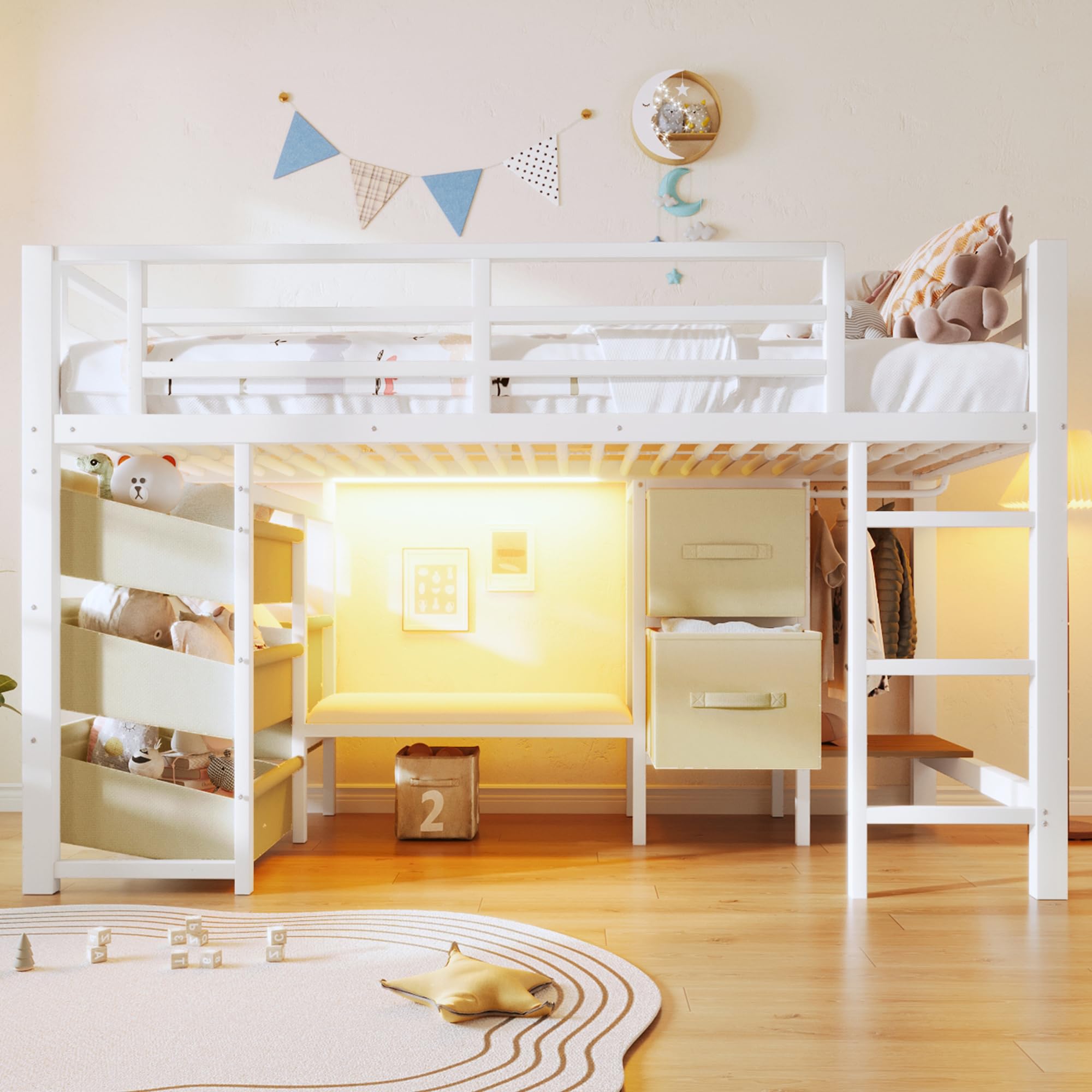 Lit enfant 90x200 avec LED,coussin d'assise,tiroir de rangement en tissu,sac de rangement en tissu,espace patère,lit mezzanine enfant en métal,cadre de lit mi hauteur 90x200 avec sommier (A-Blanc)