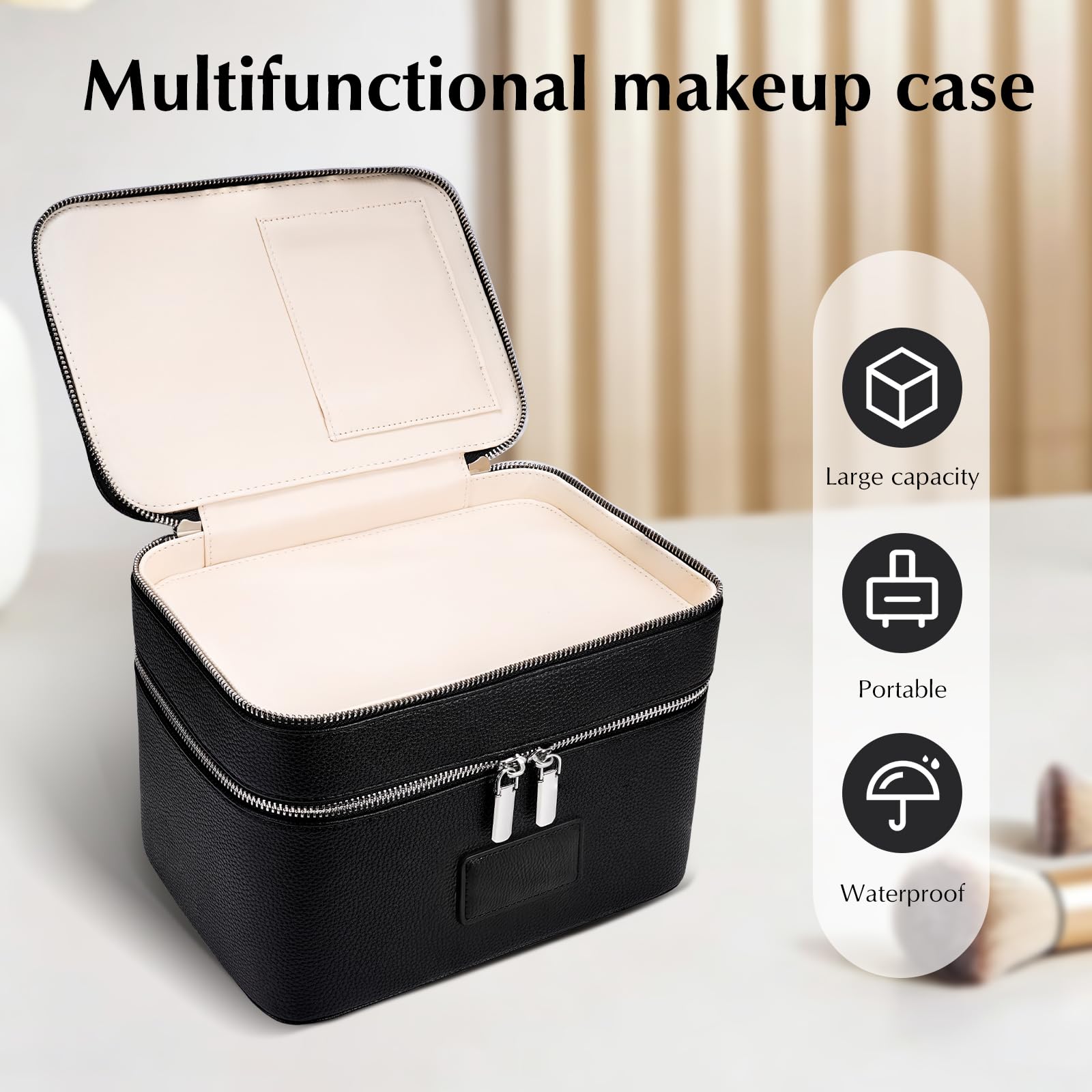 Trousse de toilette, trousse de maquillage pour femme, trousse de maquillage de grande capacité et deux niveaux, trousse de toilette de voyage avec compartiments et poignées, Noir