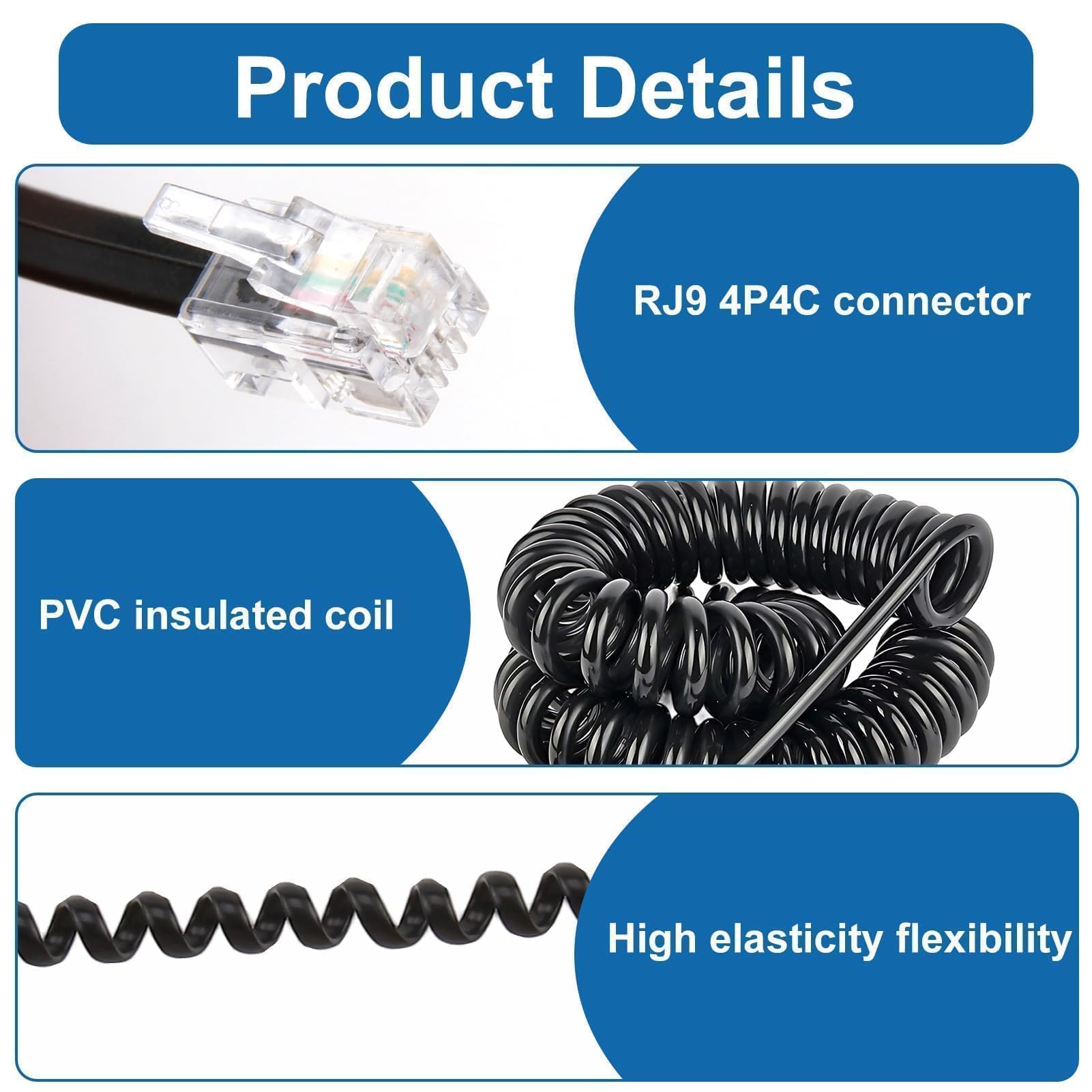 4 Pièces Cable Telephonique, 2.5M Combiné Téléphonique Câble Spiralé Cable Telephone Fixe 4P4C Cordon Fixe avec Prise Noir RJ9 pour Bureau à Domicile Téléphones Fixes AT&T Cisco NEC ROLM ITT TI
