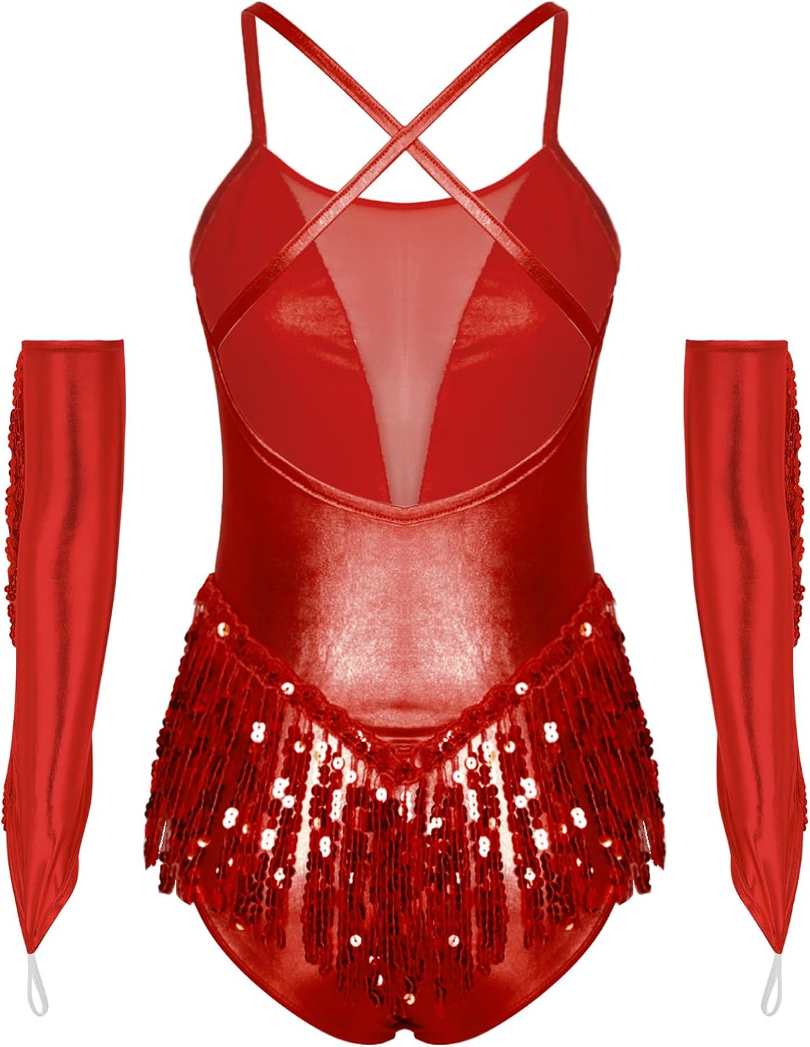 JEATHA Women Sequins Tassel Latin Dance Leotard Rumba Samba Salsa Jazz Dance Dresses with Tassel Gloves