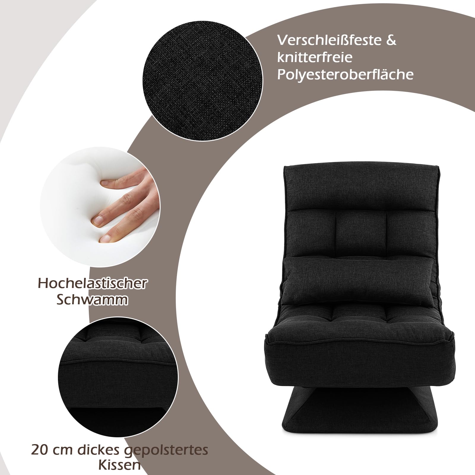RELAX4LIFE Silla de Suelo Giratoria de 360° con Respaldo Ajustable de 4 Ángulos, Sofá Perezoso, Silla de Meditación Plegable con Cojín Lumbar para Oficina y Hogar (Negro)