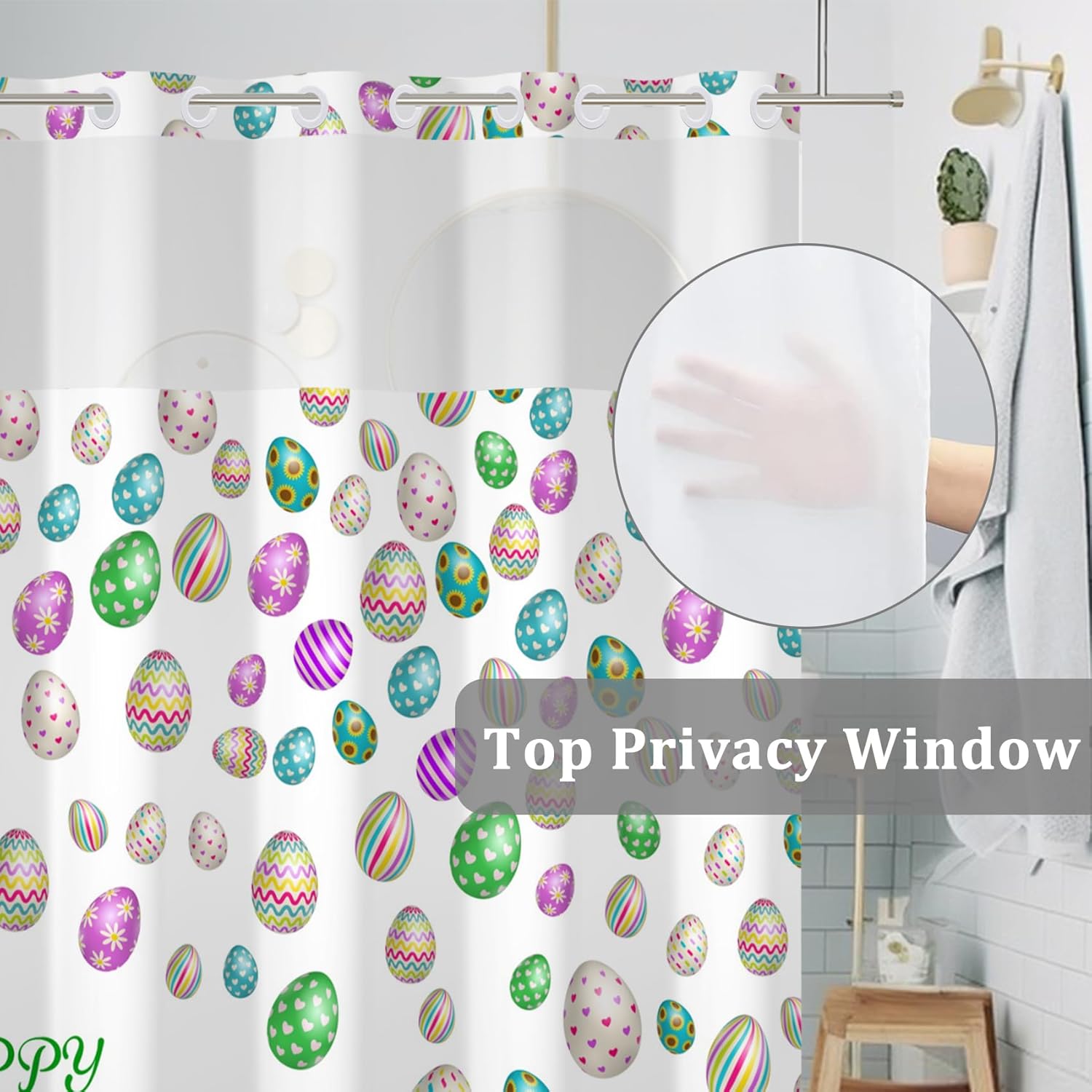 Baocicco No Hook Happy Eggs Shower Curtain with Snap in Fabric Liner Set Colorful Eggs Spring Easter Holiday Famrhouse Double Layers Waterproof Shower Curtain and Liner Set 71x74 Inch