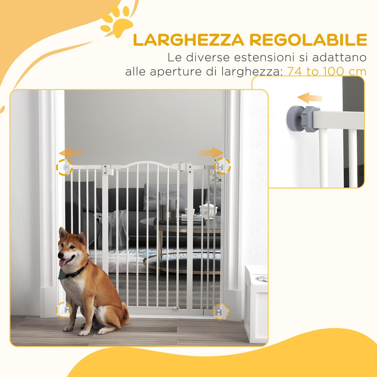 PawHut Cancelletto di Sicurezza per Cani da Interno, Barriera Estensibile 74-100 cm con Doppio Blocco e Chiusura Automatica per Scale e Porta, Bianco
