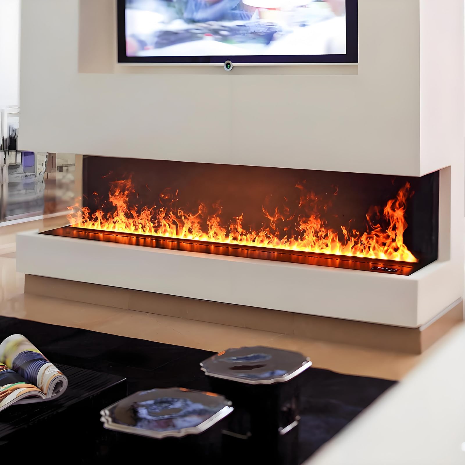 Cheminée électrique 3D à Vapeur D'eau, Humidificateur Encastré Avec Application, Télécommande, Commande Tactile, Couleurs Et Vitesse De Flamme Réglables, Humidificateur à Remplissage Automatique,80cm