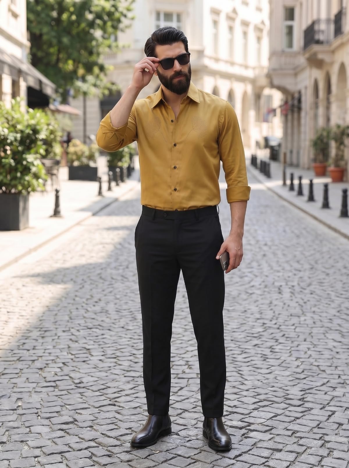 IndoPrimo Elegante camisa de satén para hombre, corte normal, estilo casual, estilo de diseñador, trabajo de piedra, fiesta, manga formal