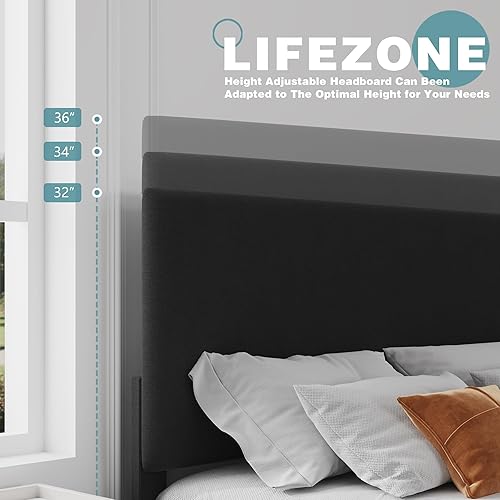 Miniatura 4 de Lifezone Base de cama Queen con cabecero, marco de cama tapizado de lino con soporte de listones de madera, no necesita somier, pies resistentes,