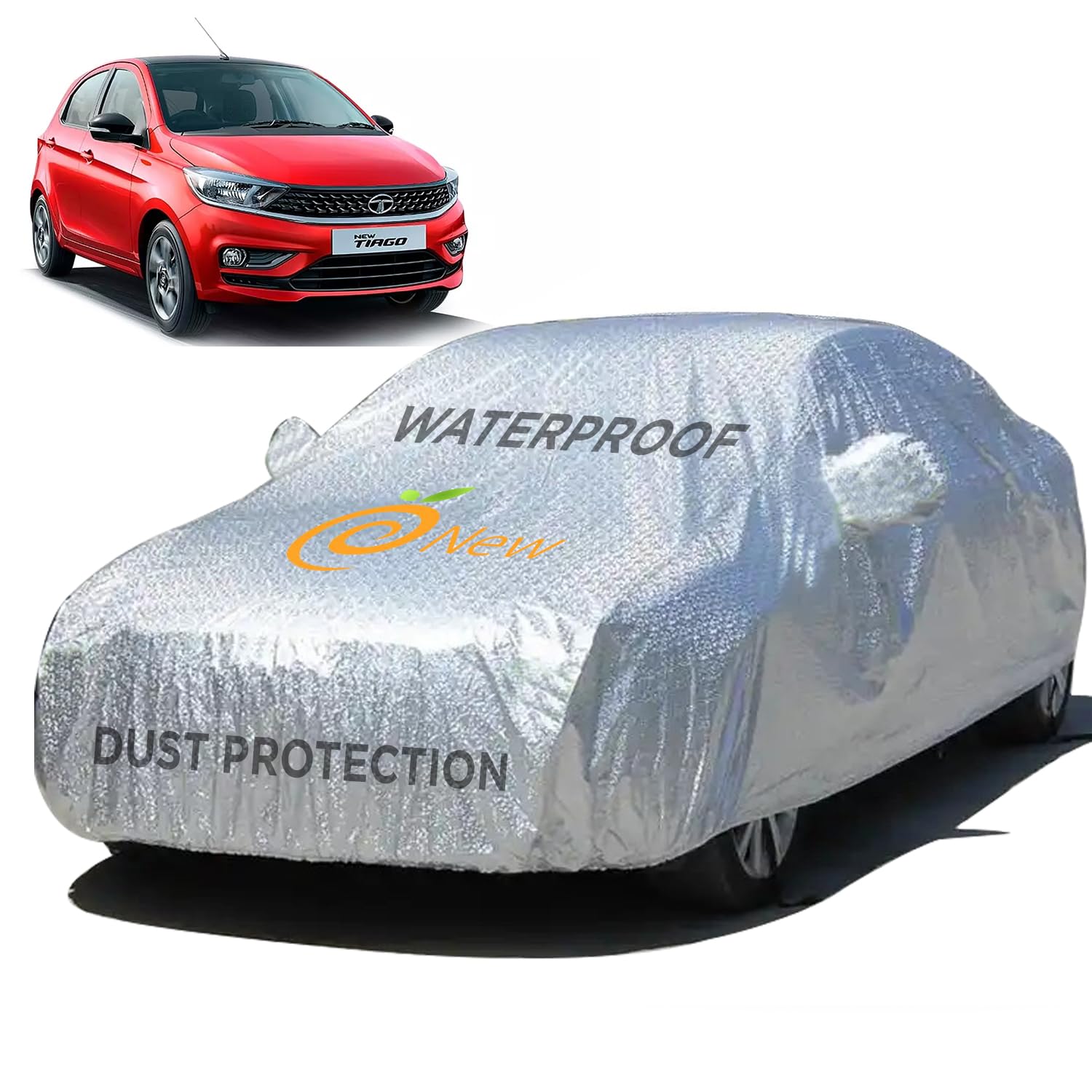 Enew Car Cover for Tata Tiago Textured Waterproof Cover with Triple Stitching - Ultimate Body & Mirror Protection, UV Resistant, Dustproof, without Antenna Pockets (Silver Look)