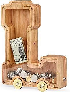 NBTORCH Wooden Letter Piggy Bank, Inter-connectable Piggy Bank for Kids Boys Girls, Alphabet L Money Bank Toy with Wheels, for Kids (Initial-L)