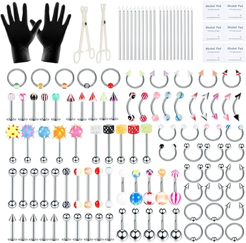 Xpircn Kit de 120 piercings de acero inoxidable acrílico 14G 16G nariz, tabique herradura, labio, lengua, tragus, ombligo, lengua, pezón, barra,