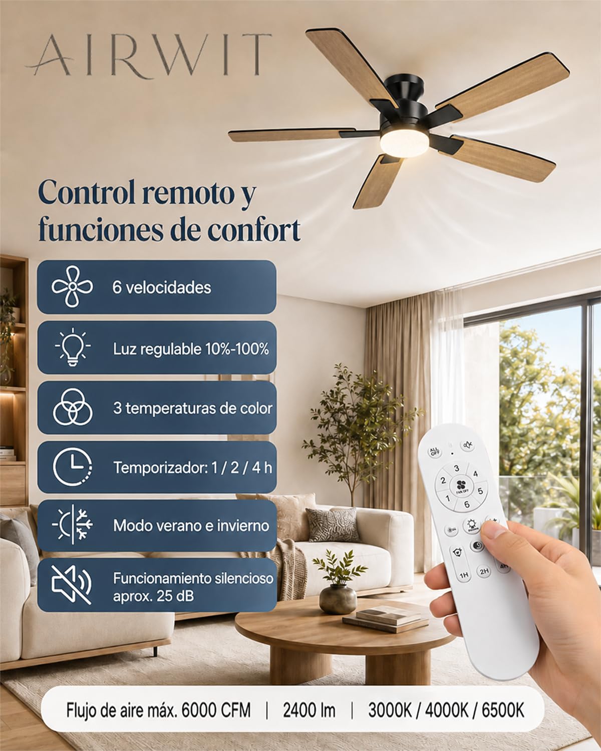 Airwit 132cm Gran Flujo de Aire Ventilador de Techo con Luz, Silencioso Ventilador Techo con Mando a Distancia, 6 Velocidades, Lampara LED Regulable, Motor DC Reversible para Dormitorio Salon Cocina