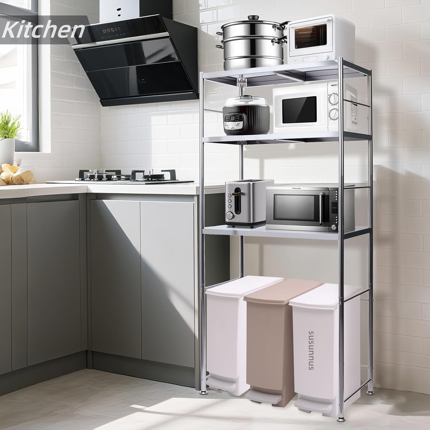 susunnus Stainless Steel Shelf,Kitchen Storage Shelves,Microwave and Mini Fridge Shelf,Laundry Machine Rack,Adjustable Height,Open Lower Tier,Laundry Room, Repository (3tier(31.5 * 15.7 * 66.1in))