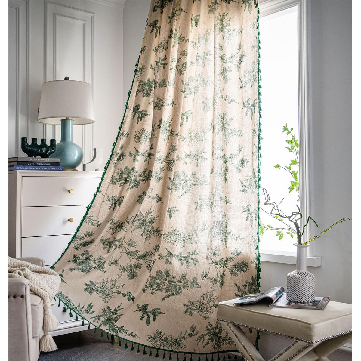 Vintage Vorhang Grün Gardine Leinenoptok Boho Landhaus Vögel Kiefernnadeln Dekoschal Vorhänge mit Quaste Halbblickdicht für Bauernhaus Schlafzimmer 1 Stück B150×H260cm