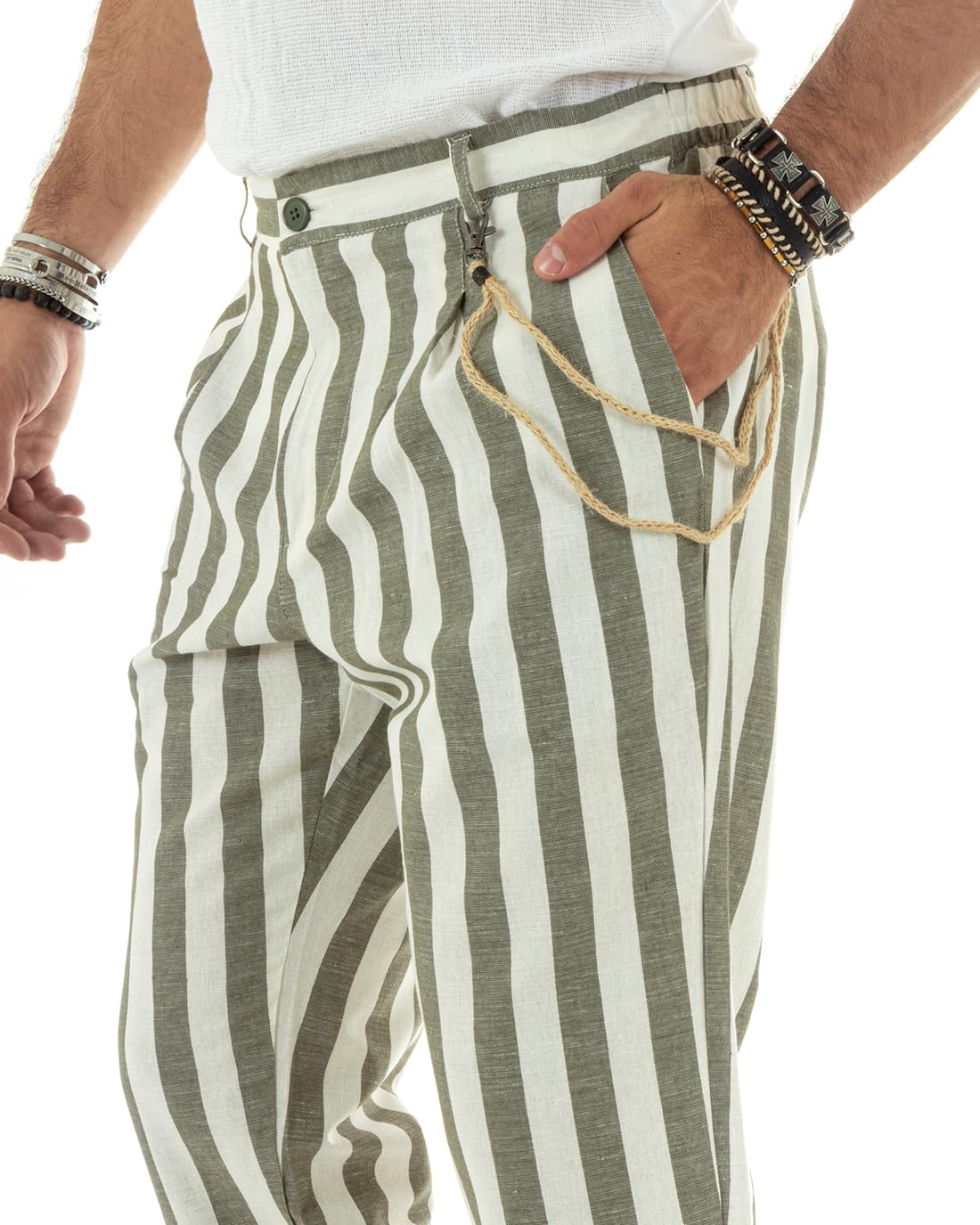 Giosal Pantaloni Uomo Lino Elastico Rigato Chiusura con Bottone Catena Elegante Casual