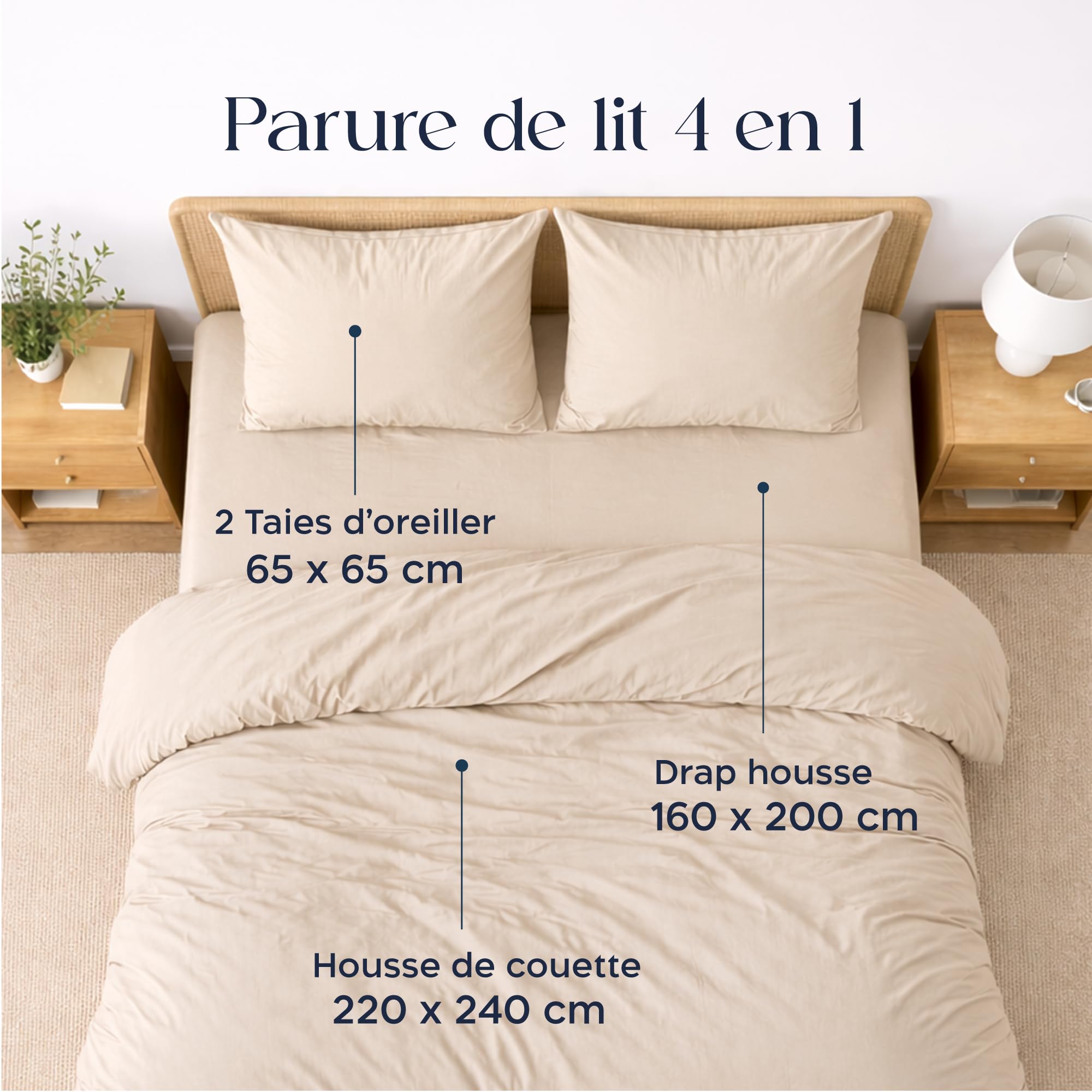 Twinzen Parure de lit 160 x 200-4 pièces - Housse de Couette 220x240 cm, Drap Housse 160 x 200 cm avec 2 taies d’Oreiller 65x65 cm - Microfibre brossée, Oeko-Tex - Beige