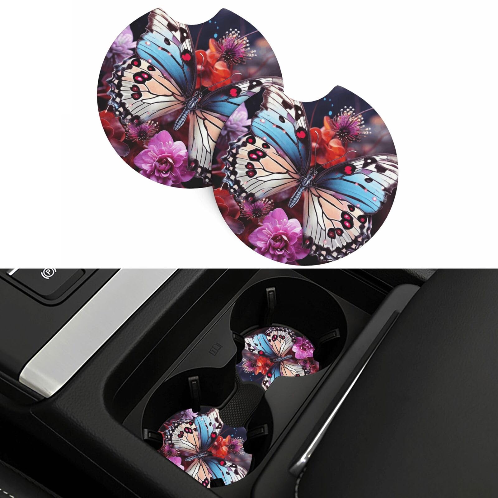 Colorful Butterflies On Flowers Car Coasters 2 Pcs, Universal Non-Slip Rubber Car Cup Holder for Cup Holders, 2.75 Inch Neoprene Cup Pad Mat Coaster Car Interior Accessories for Women Men