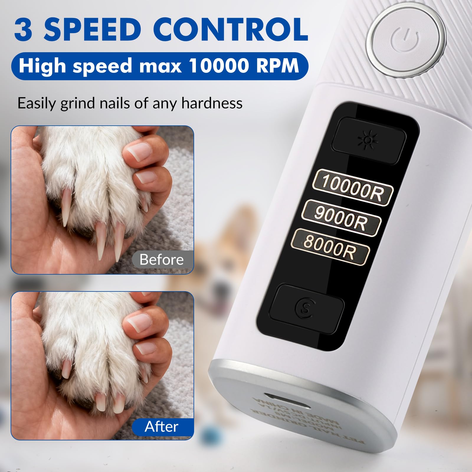 Silent Groom Pro Nail Grinder, 3-Speed Quiet Electric Dog Nail Grinder, Rechargeable Dog Nail Trimmers with 2 LED Lights for Small Large Dogs, Pet Nail Clippers with 2 Grinding Wheels - image 6