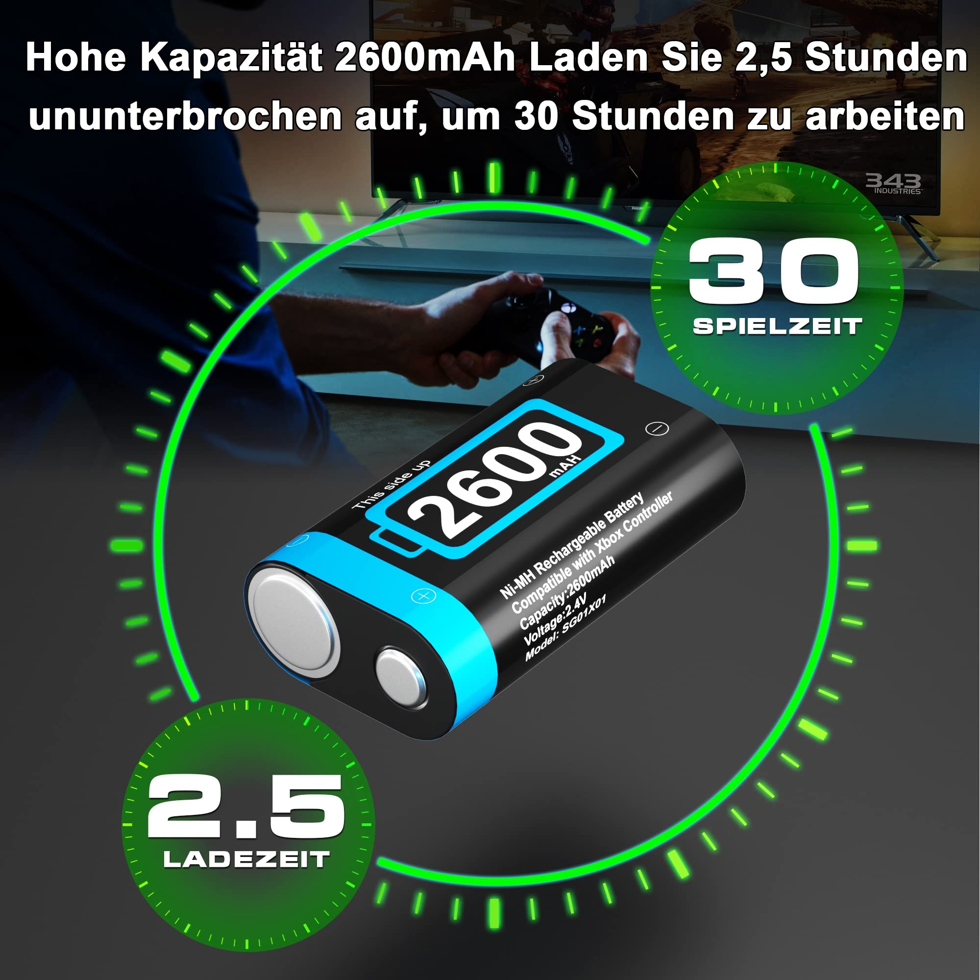 NOPWOK Akku für Xbox One Series X&S Controller，4 Stück 2600mAH Wiederaufladbare Akku Packs Kompatibel mit Xbox Series X&S/Xbox One S&X/Xbox One Elite