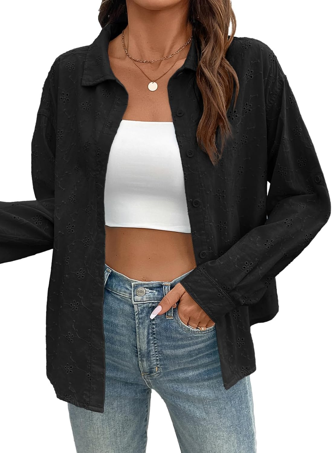 Dokotoo Womens Summer Tops Casual Button Down Long Sleeve Shirts for Women Loose Soft Cotton Hollow Out Blouses