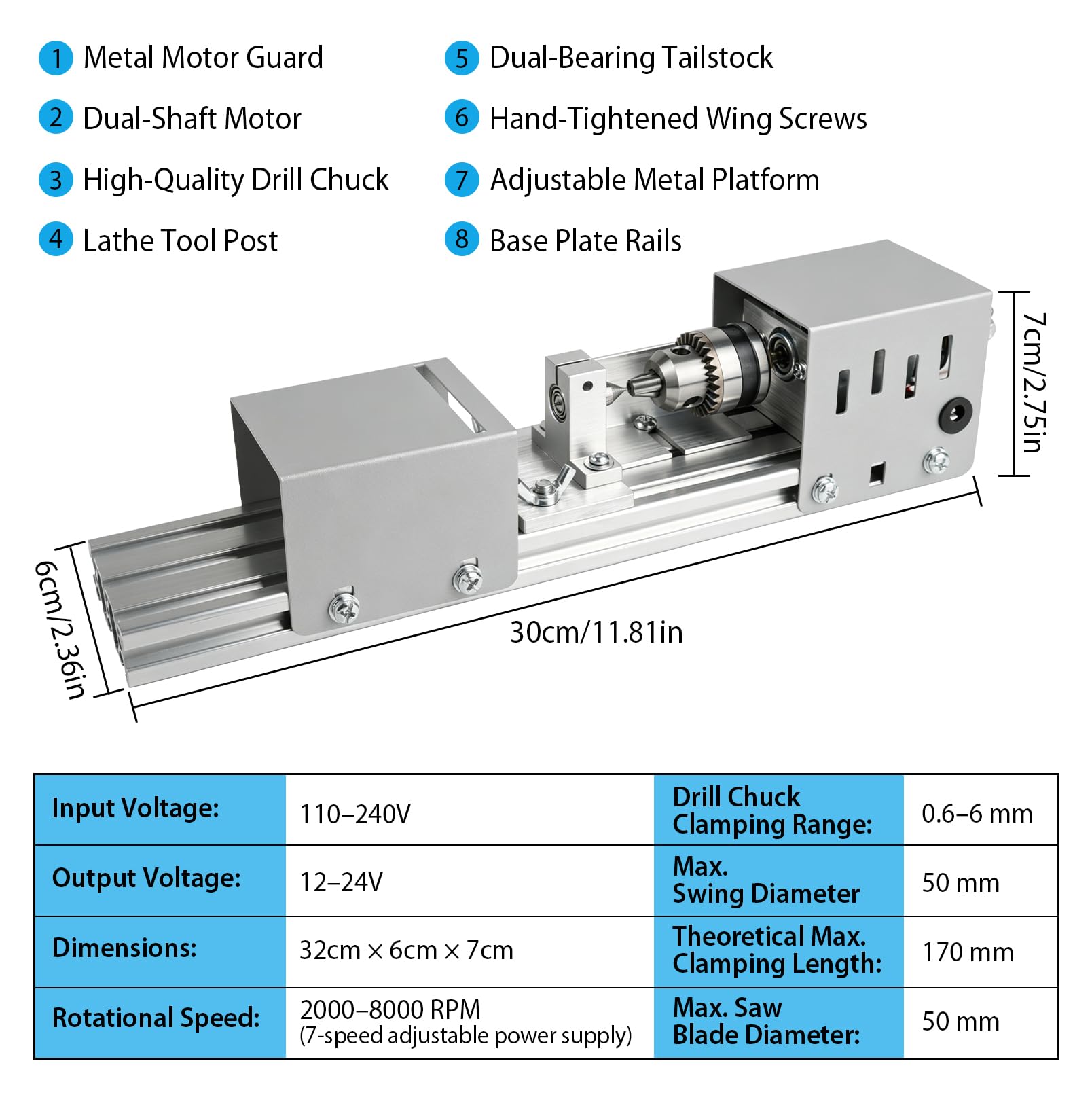 Mini torno de 125 W, torneado, 2000 – 8000 rpm, ajuste de 7 velocidades, mini torno de madera, fresado, corte, pulido, para aficionados, carpintería, artesanía, modelismo