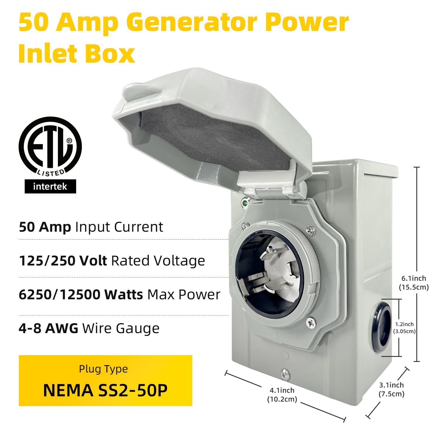 50 Amp Generator Inlet Box, NEMA 3R 125/250V 12500W Power Inlet Box with LED Indicator, ETL Listed Weatherproof for Outdoor, Emergency Backup, Jobsite (NEMA SS2-50P)