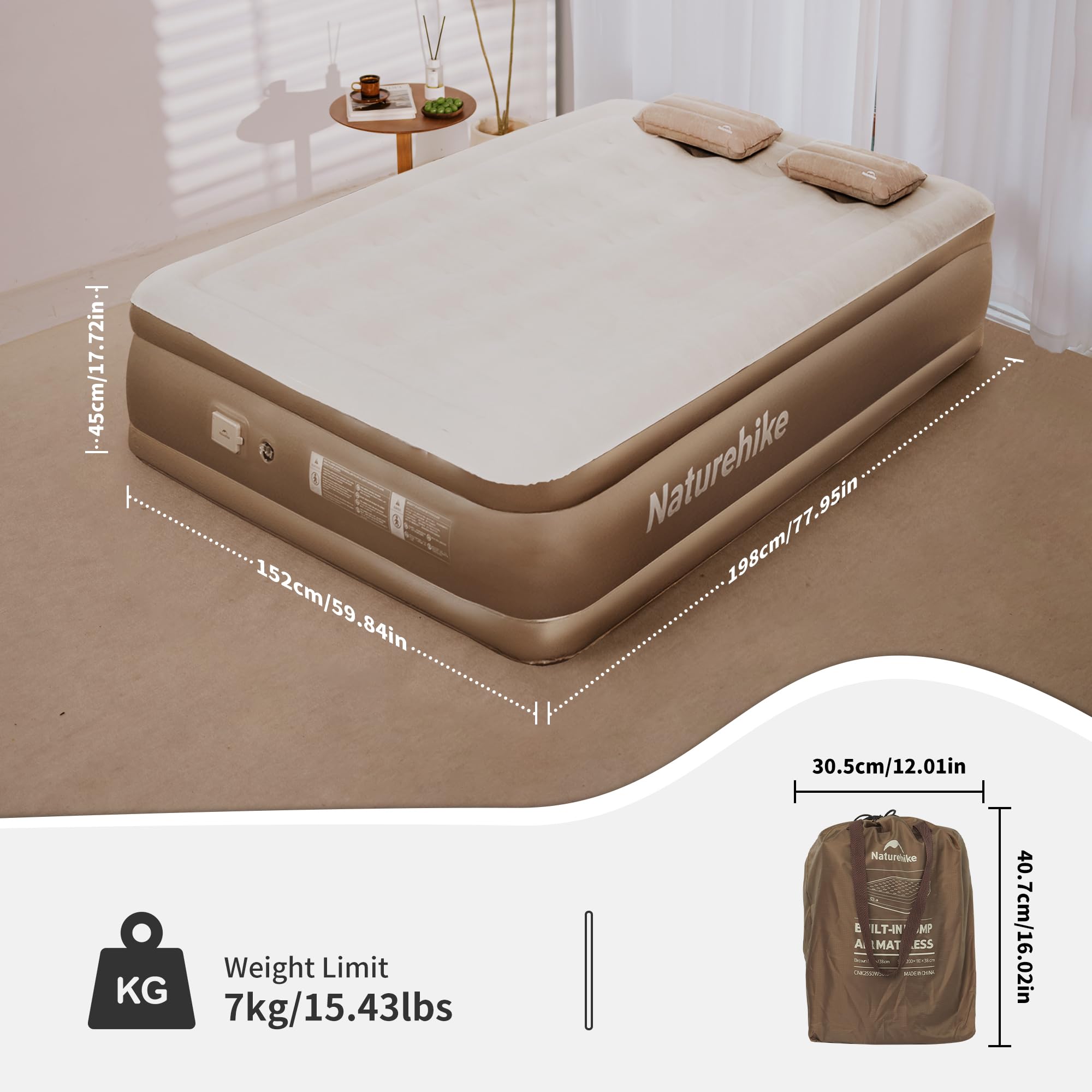 Naturehike Colchón Hinchable Matrimonio con Bomba Integrada Recargable - 198x152x45cm Cama Hinchable Autogonflable para Camping y Casa - Colchón Camping Portátil y Resistente