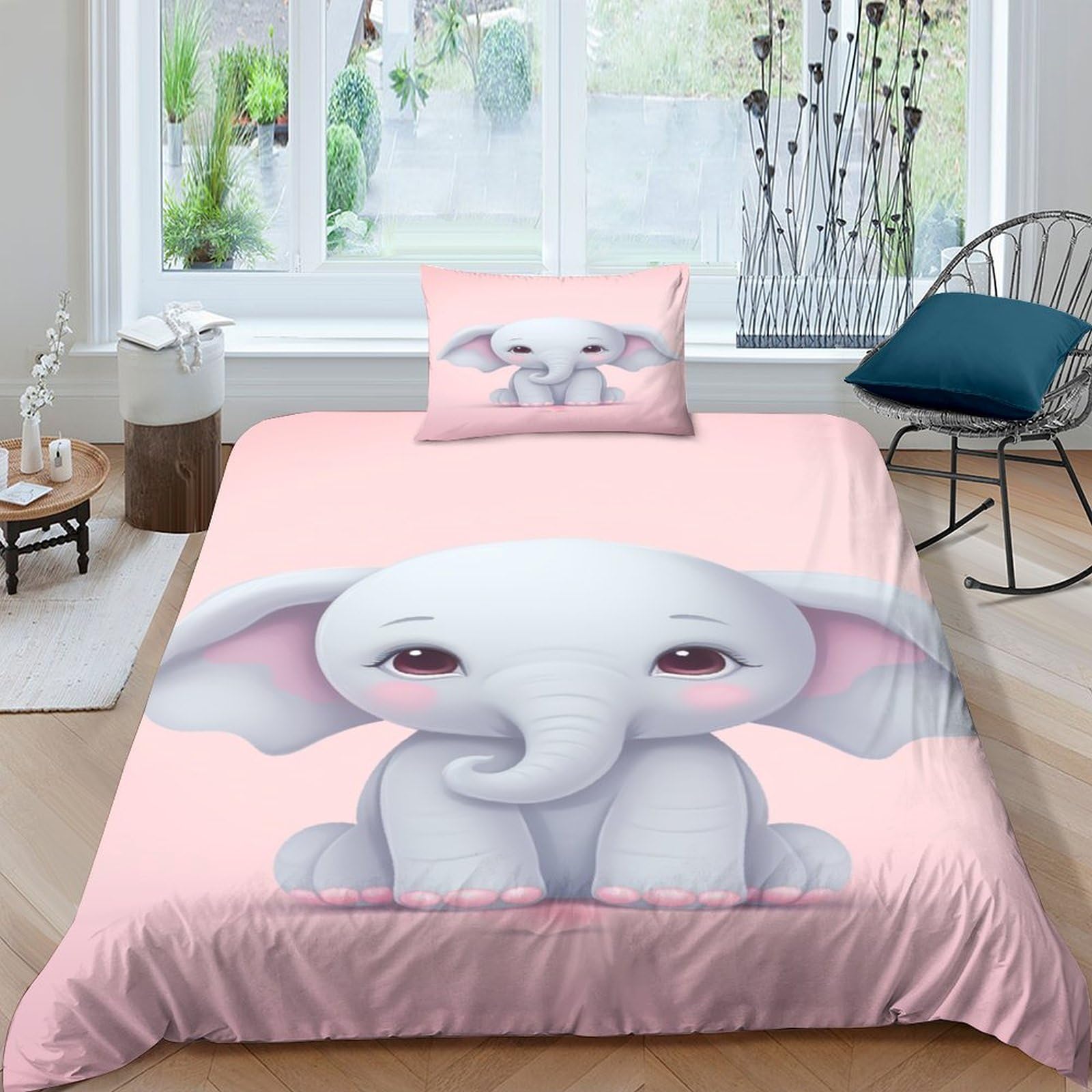 Housse de couette 135x200 cm zip invisible résistant pour lit enfant éléphant rose