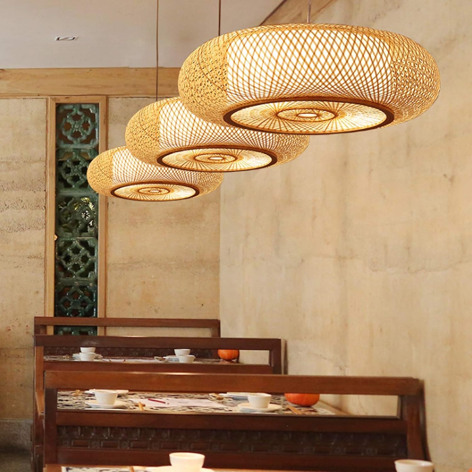 COCOL Retro Bambus Gewebte Lampe Land Hängelampe Handgewebte Deckenlampe Höhenverstellbare E27 Pendellampe Korridor Schlafzimmer Wohnzimmer Beleuchtung Pendelleuchte Esszimmer Dekorative Lampe,60cm