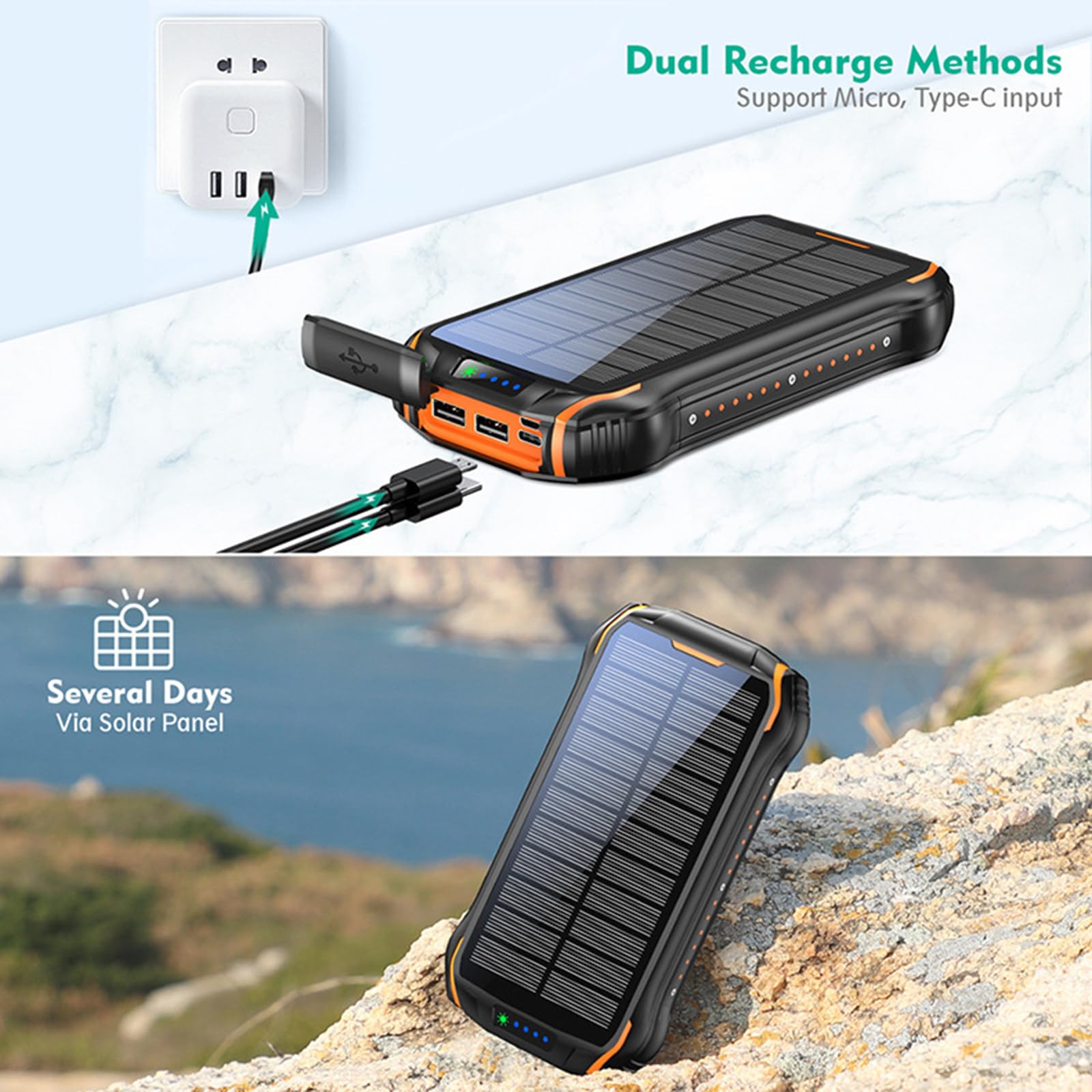 Power Bank Multifunzionale Impermeabile all'aperto 26800mAh PD18W Power Bank Solare a Carica Rapida con Torcia elettrica,Blue