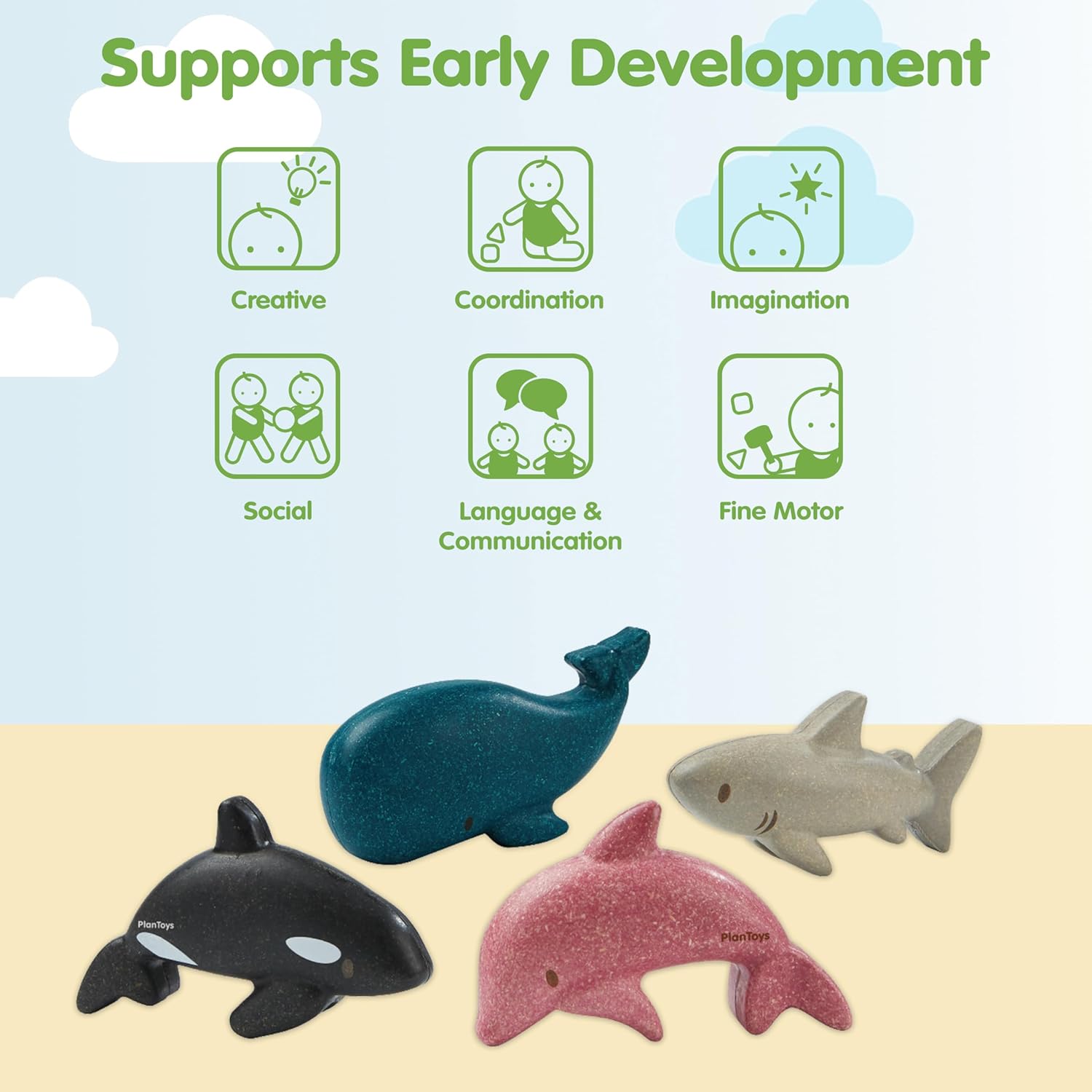PlanToys® Wooden Sea Life 4-Piece Set Dolphin, Orca, Whale and Shark Figurines | Montessori Toy for Imaginative Play | Supports Language and Social Skills | Eco Friendly for Bath and Water Play