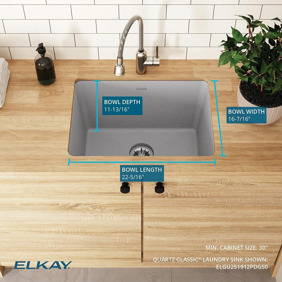 Elkay Quartz Classic ELGU251912PDGS0 Greystone Single Bowl Undermount Laundry Sink with Perfect Drain