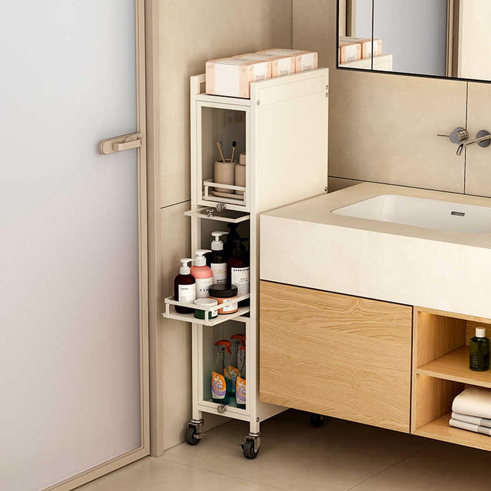 Armario de almacenamiento de baño de 4 niveles con ruedas, color blanco, estante de cocina y estante de cocina, estante de utilidad para el hogar, diseño moderno, solución de almacenamiento multiusos